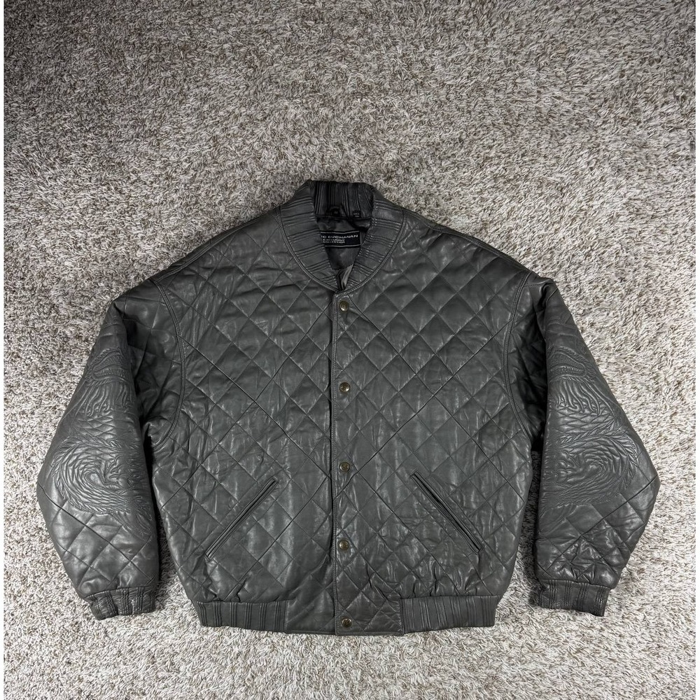 Vintage Marc Buchanan Gray Leather Jacket Quilted Bomber Snap Button Size 48